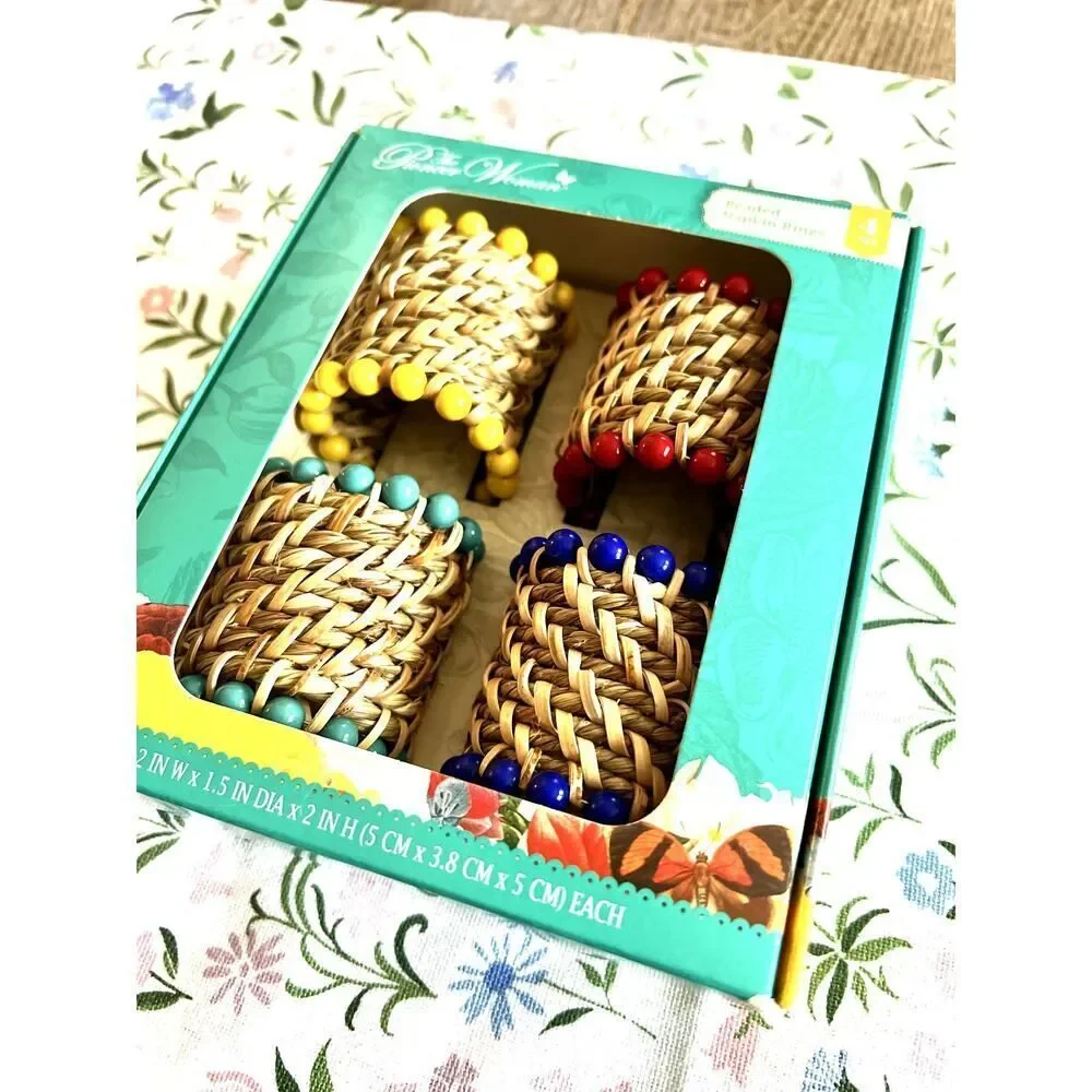 The Pioneer Woman Beaded Wicker Napkin Rings Set 4 Farmhouse Tablescape NWT